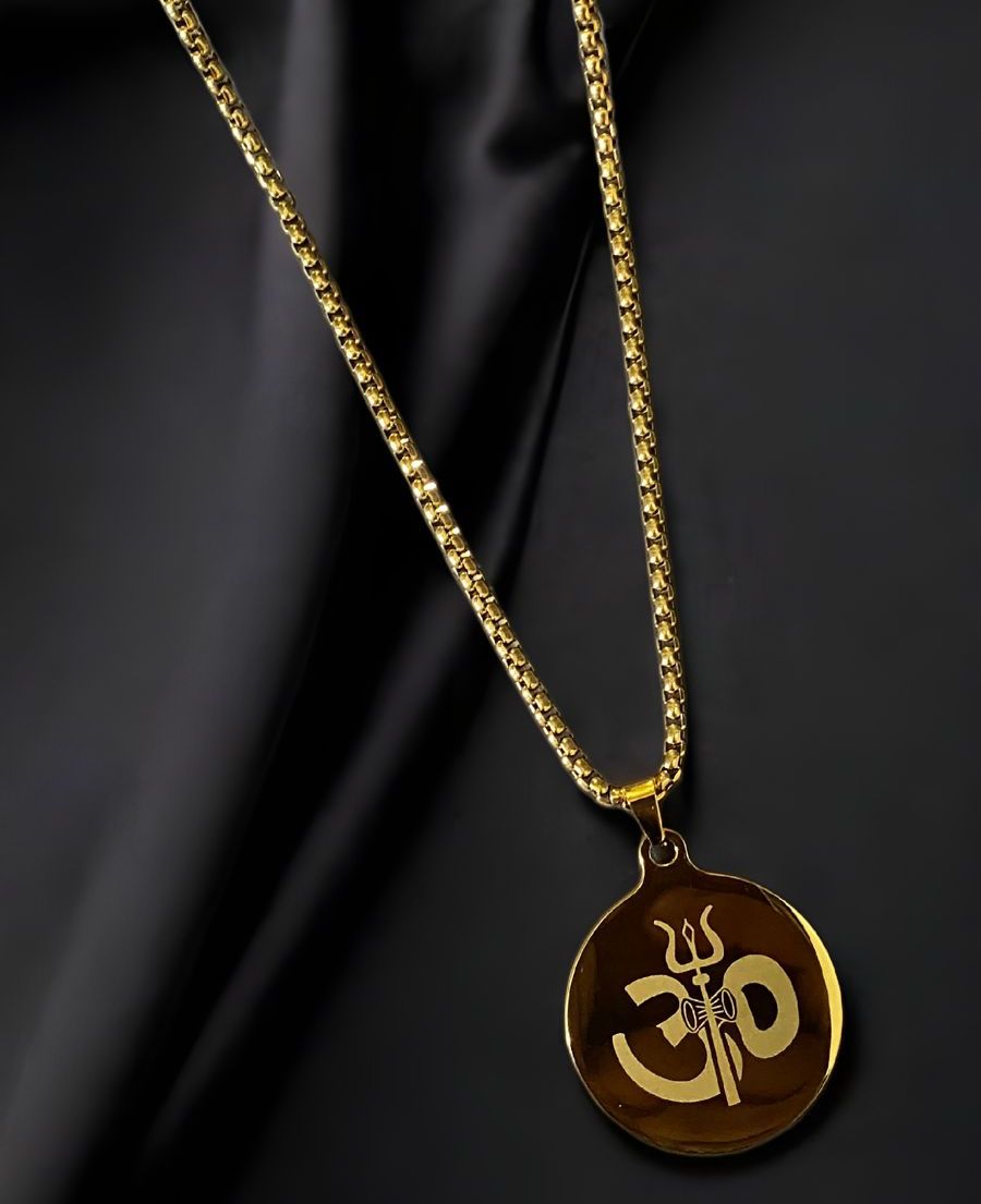 Om Trishul Pendant Gold Necklace Chain For Men (24 Inch)