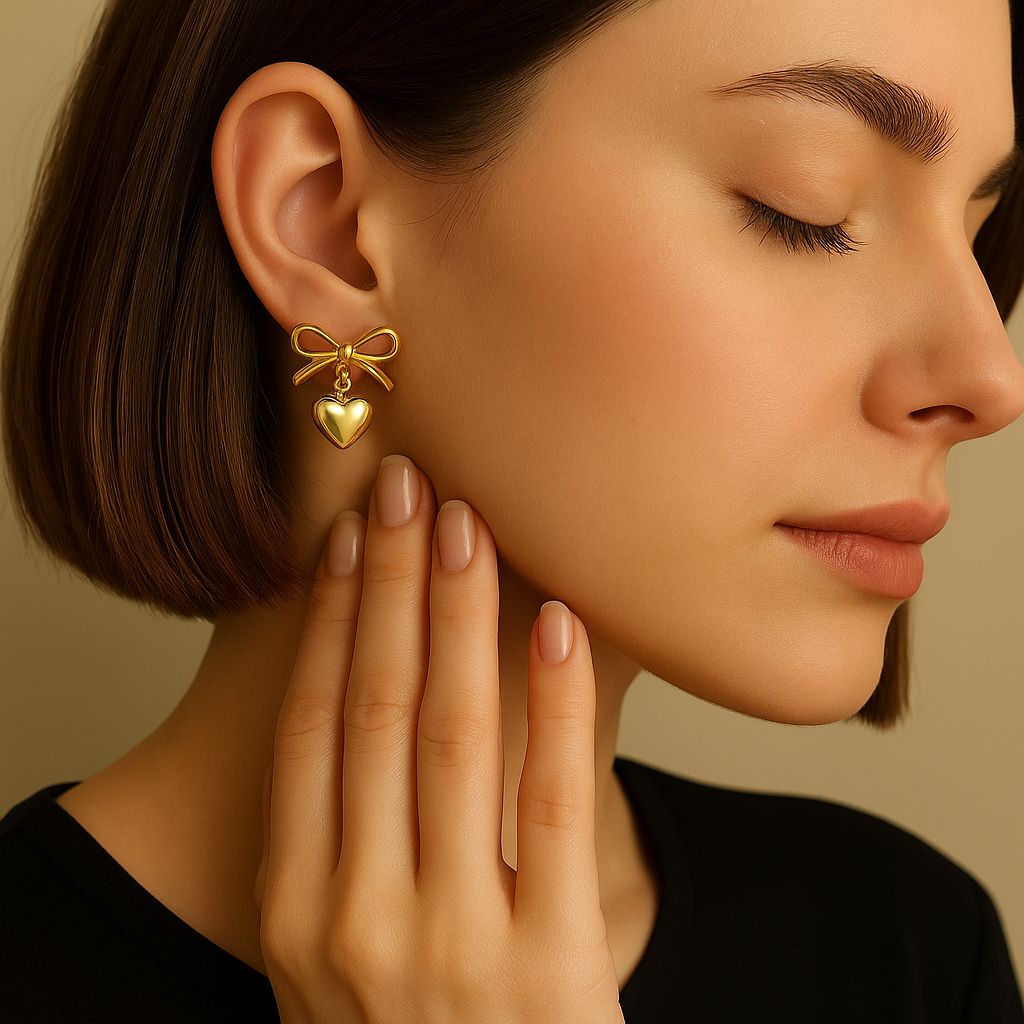 Golden Muse Bow Heart Earrings